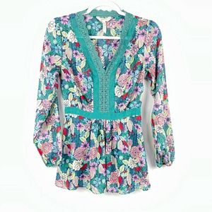 Matilda Jane Teal Floral Sheer Blouse Kookaburra Top Size XS